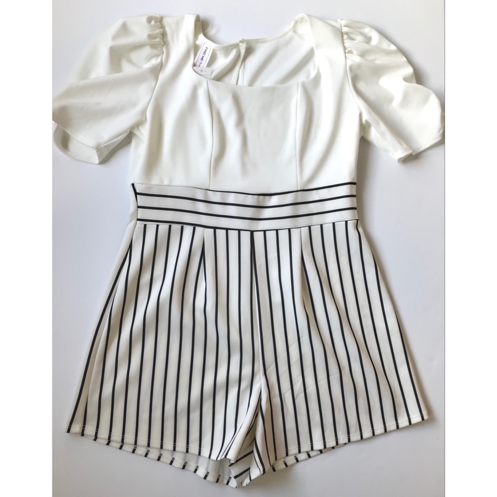 Find Me Plus Size Black and White Striped Square Neckline Romper